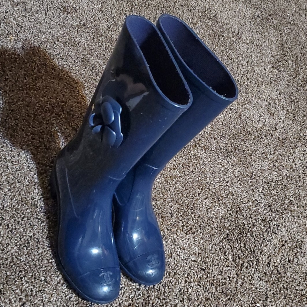 Chanel Navy Camellia Rain Boots/Booties